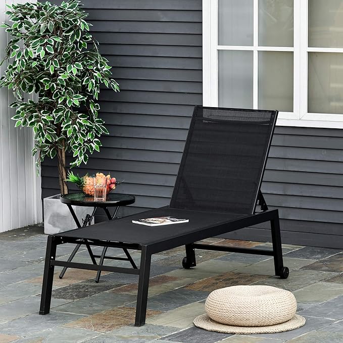 Outsunny Outdoor Chaise Lounge with Wheels, Five Position Recliner for Sunbathing, Suntanning, Steel Frame, Breathable Fabric for Beach, Yard, Patio, Black