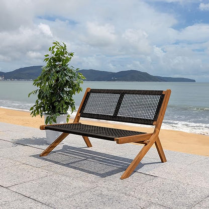 SAFAVIEH Outdoor Collection Kobina Natural Acacia Wood/Black Rope Foldable Bench