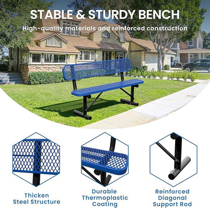 6 Feet Steel Park Bench for Outside, Outdoor Bench with Backrest & Portable Frame, Commercial Benches for Shopping Malls, Stores, Parks, Patios, Decks, Dark Blue