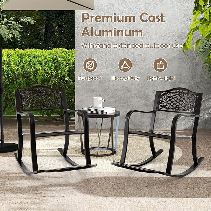 Giantex Patio Rocking Chair, Outdoor Cast Aluminum Rocker w/Footrest, Backrest & Curved Armrests, Heavy-Duty Metal Classic Rocking Leisure Seat for Backyard, Poolside, Balcony (Antique Brown,1)