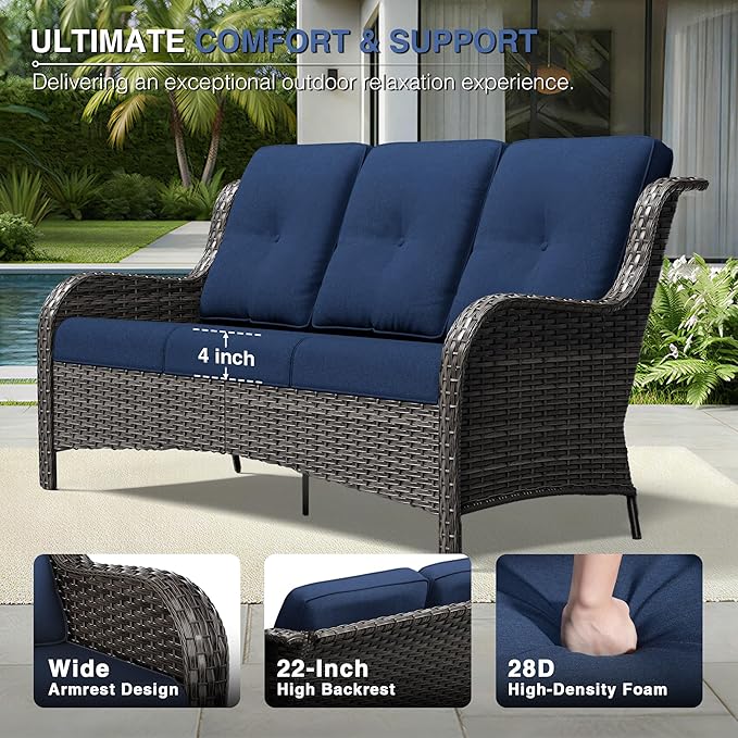Joyside Outdoor Patio Couch, 3 Seater Outdoor Wicker Sofa with High Back, Deep Seating, Wide Armrest, Thickened Cushions - Photo 4