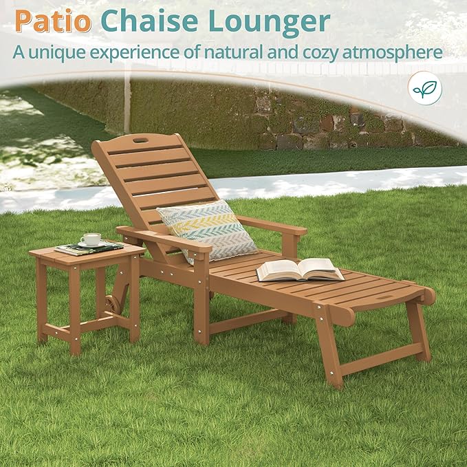 LUE BONA Lounge Chair Outdoor Set of 4, HDPS Chaise Lounge Outdoor with Wheel, 5 Positions Adjustable Pool Lounger Chairs for Outside, Patio, Teak Color