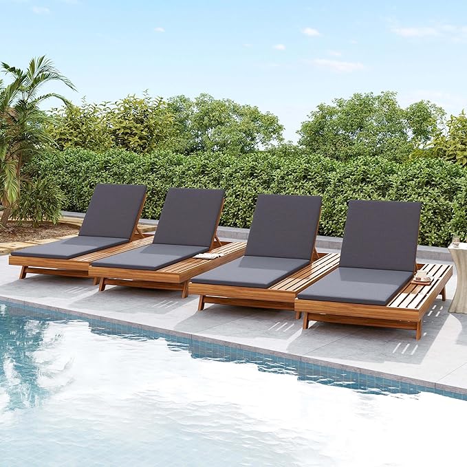 Acacia Wood Outdoor Chaise Lounge with Open Slatted Side, 4-Position Pool Lounge Chairs with All-Weather Cushion, Teak Finish Reclining Patio Chair, 300Lbs Capacity (Dark Grey, 2 inch)