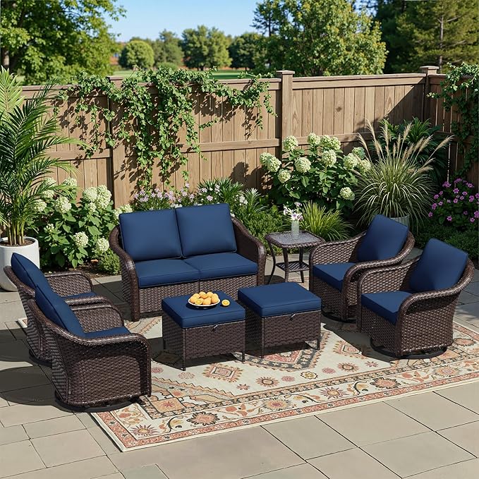 8 Piece Patio Wicker Conversation Set, All-Weather Use Outdoor Wicker Loveseat with 2 PE Rattan Ottomans,4 Swivel Chair, 1 Side Table, Ideal for Porch, Backyard, Balcony, Poolside, Blue