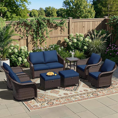 8 Piece Patio Wicker Conversation Set, All-Weather Use Outdoor Wicker Loveseat with 2 PE Rattan Ottomans,4 Swivel Chair, 1 Side Table, Ideal for Porch, Backyard, Balcony, Poolside, Blue