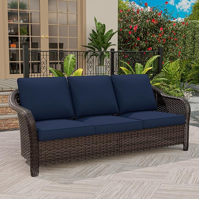 77 inch Outdoor Wicker 3 Seater Sofa, All-Weather Use Patio Rattan Sofa with Seat and Back Cushion, Ideal for Porch - Photo 2