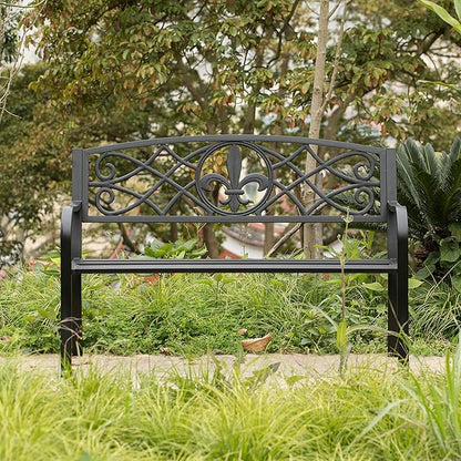 Outdoor Garden Patio Steel Park Bench Lawn Decor with Cast Iron Unique Design Back, Black Seating Bench for Yard, Patio, Garden, Balcony, and Deck
