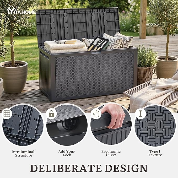 YITAHOME 90 Gallon Large Outdoor Deck Box, Lockable Waterproof Resin Storage Box with Handles - Photo 3