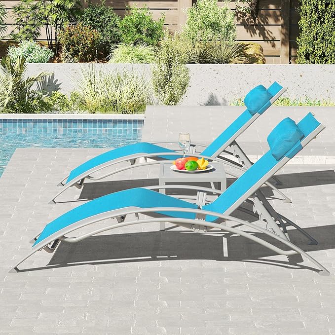 Domi Pool Lounge Chairs Set of 3, Outdoor Chaise Lounge with Side Table - Photo 3