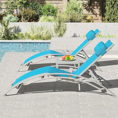 Domi Pool Lounge Chairs Set of 3, Outdoor Chaise Lounge with Side Table, Adjustable Aluminum Reclining Chair for Deck Poolside Beach Sunbathing (Turquoise Blue)