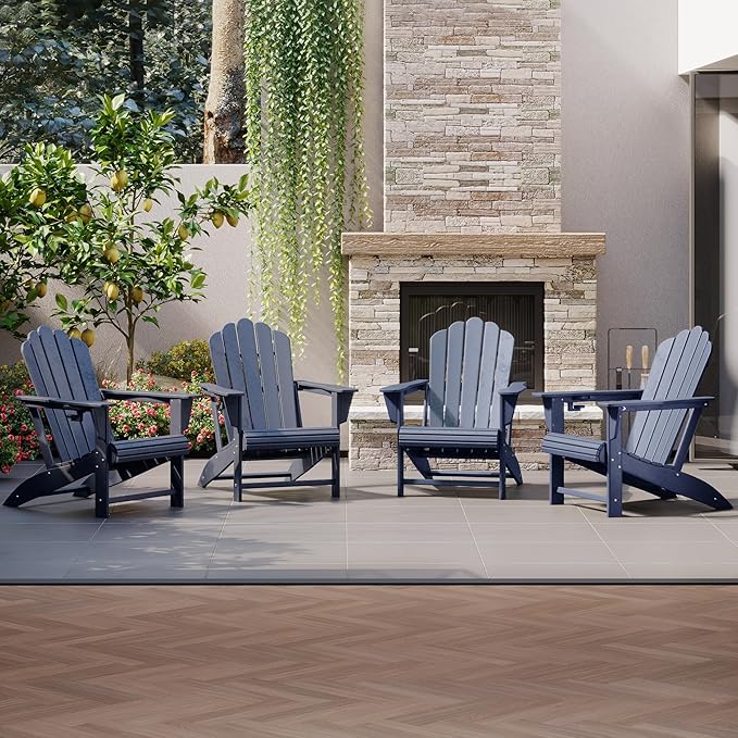 Costaelm Lakeview Outdoor Patio HDPE Adirondack Chairs with Cup Holders (Set of 4), Navy Blue