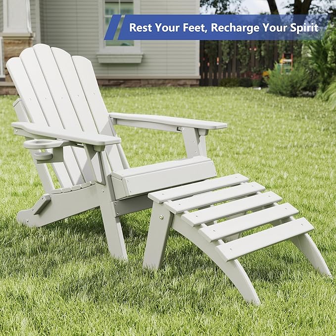FOOWIN Folding Adirondack Ottoman Set of 4, HDPE All Weather Adirondack Footrests, Ottoman for Adirondack Chair,Patio Footstool for Outside Easy Storage,for Patio, Backyard, Porch, Garden, White