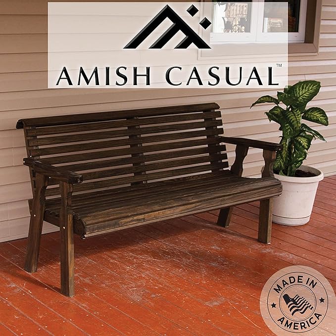 Amish Casual Heavy Duty 4 Foot Roll Back Outdoor Bench in Dark Walnut Stain - Amish Made in The USA from Treated Pine for Outdoor Durability, 700 Lb Weight Capacity