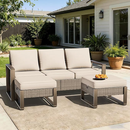 Wicker Patio 75" Sofa Set with Two Ottomans, All Weather Rattan Outdoor Conversation Furniture Set with Wood-Looking Metal Armrest for Deck Backyard Porch, Beige