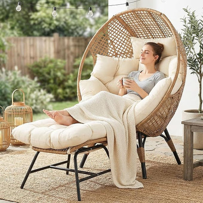 NICESOUL® Indoor Outdoor Egg Chair w/Ottoman, Huge Extra Large Eggshell Papasan Chair w/Cushion, Water & UV-Resistant Patio Lounge Chair w/Cover, Outside Reading Chair for Backyard, Porch, Beige