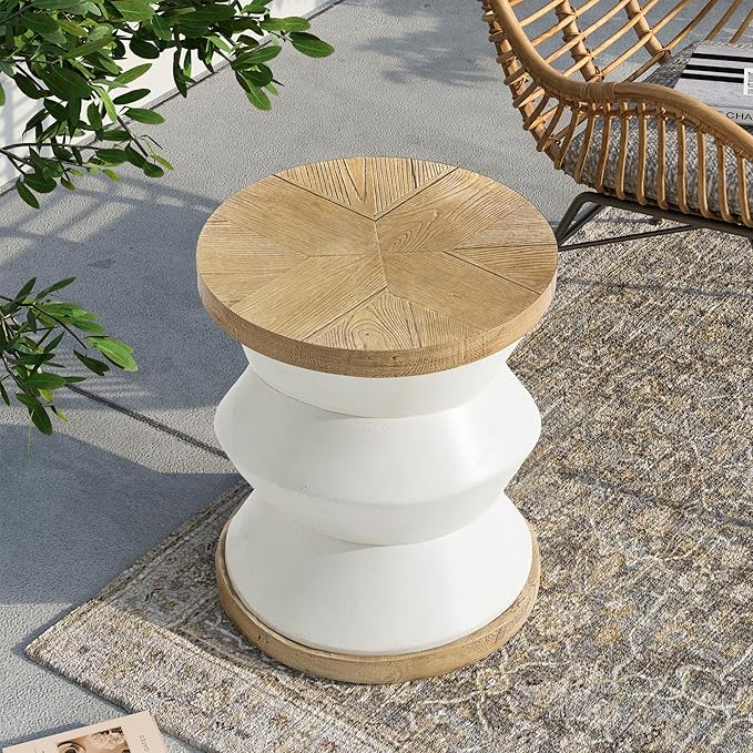 SUNBURY White Outdoor Side Table, 14" W Concrete Side Table Accent Table, Round Marble Drum Side Table - Photo 6