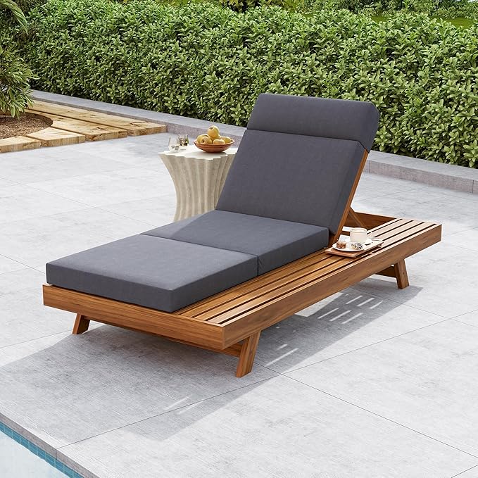 Acacia Wood Chaise Lounge Set with 3-Fold 4" Water-Resistant Cushion & Headrest, 4-Position Adjustable Backrest Recliner - Photo 1