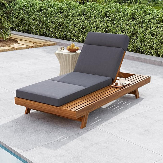 Acacia Wood Chaise Lounge Set with 3-Fold 4" Water-Resistant Cushion & Headrest,4-Position Adjustable Backrest Recliner,Outdoor Lounger Chair for Patio,Garden,Poolside,Balcony,Deck,79" Dark Gray,Teak