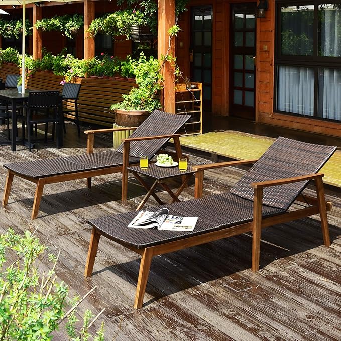Tangkula 3 Pieces Outdoor Chaise Set, Wicker Rattan Lounge Chair w/Acacia Wood Frame, 4 Adjustable Positions Patio Wicker Lounge Set & Foldable Side Table, Suitable for Lawn, Backyard (Mix Brown)