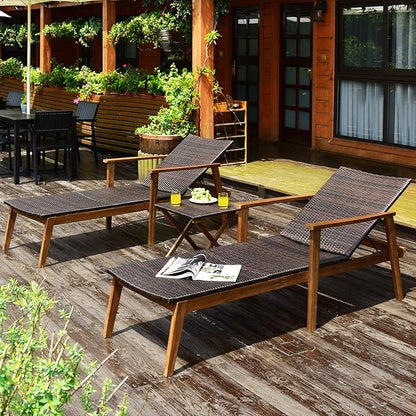 Tangkula 3 Pieces Outdoor Chaise Set, Wicker Rattan Lounge Chair w/Acacia Wood Frame, 4 Adjustable Positions Patio Wicker Lounge Set & Foldable Side Table, Suitable for Lawn, Backyard (Mix Brown)