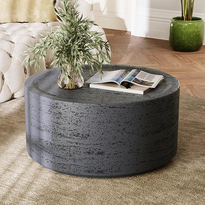 UPHA 28" Round Outdoor Coffee Table, Modern Hollow Concrete Patio Table, Small Minimalist Low Accent Table for Living Room, Balcony, Deck, Backyard, Dark Gray
