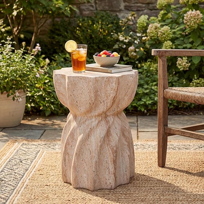 Christopher Knight Home Claire Outdoor Side Table with A Sunburst Tabletop and Hourglass Shape, Small Accent Table for Patio Balcony, Living Room End Table, Modern Backyard Furniture, Beige+Natural