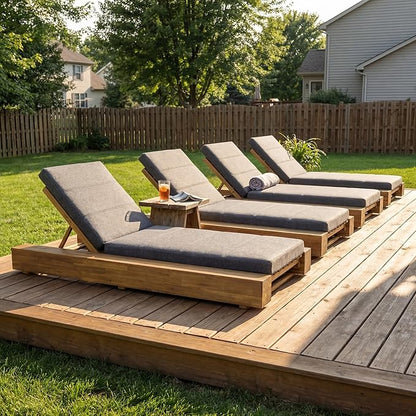 Christopher Knight Home Tory Acacia Wood Chaise Lounge Chair Outdoor Set of 4, Poolside Sun Lounger Recliner, Patio Outdoor Chaise Lounge with Cushions, Adjustable Backrest Lounge Sofa, Grey+Teak