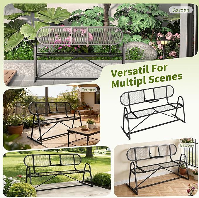 Outdoor Bench, Metal Mesh Garden Bench with Foldable Middle Table, 55" Weather Resistant Patio Park for 2-3 People, Decorative Porch Chair for Yard, Deck, and Lawn, Black