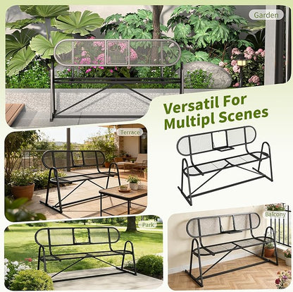 Outdoor Bench, Metal Mesh Garden Bench with Foldable Middle Table, 55" Weather Resistant Patio Park for 2-3 People, Decorative Porch Chair for Yard, Deck, and Lawn, Black