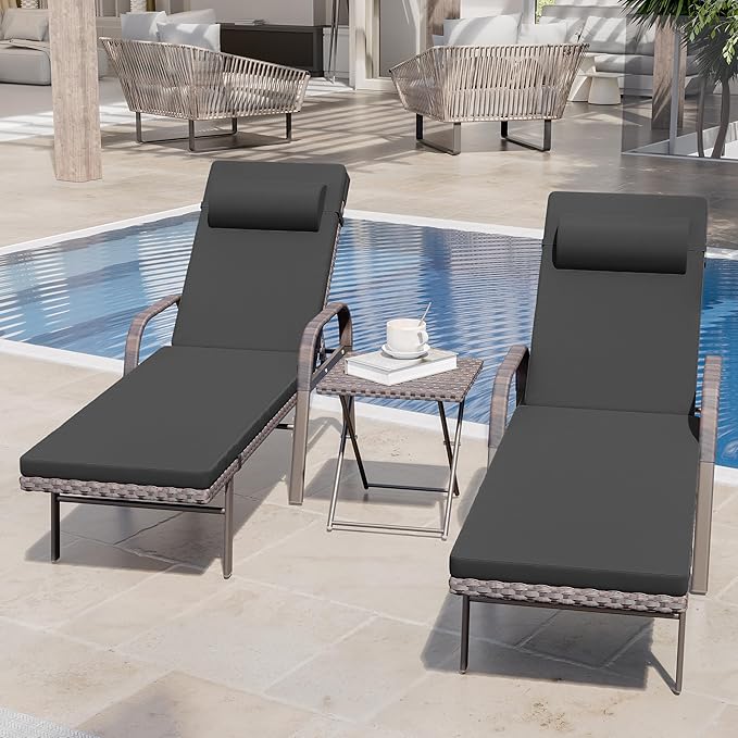 3 Pieces Patio Chaise Lounge Set Outdoor PE Rattan Armrest Lounge Chair Adjustable Backrest Reclining Chair with Folding Table and Cushion for Patio Poolside Backyard Porch Beach(Black)