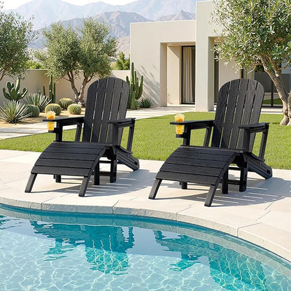 JY QAQA Outdoor Adirondack Chair Set of 2 with Detachable Table & Ottoman, All-Weather HDPE Patio Furniture with Wood Texture & Cup Holder for Patio, Poolside, Garden, Black