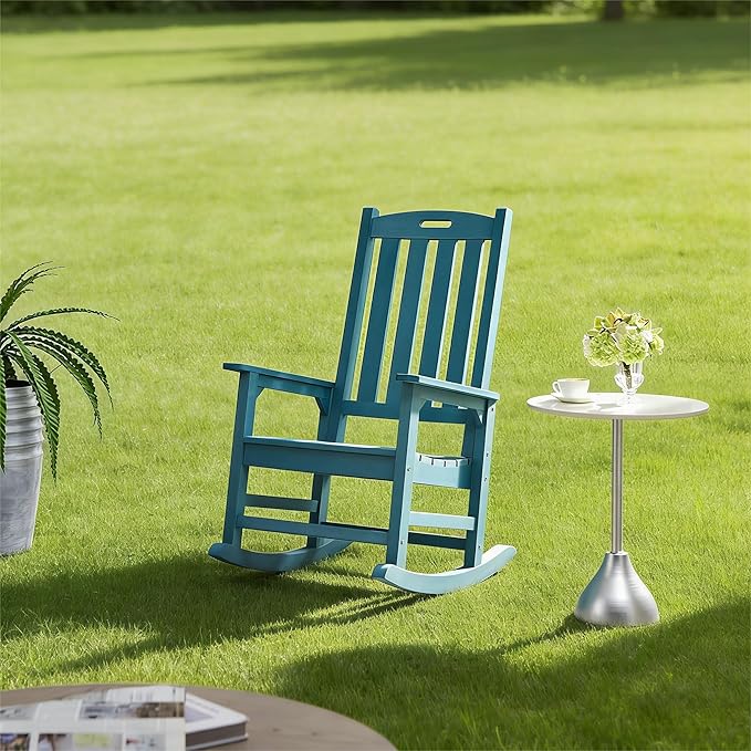 Psilvam Oversized Outdoor Rocking Chair, with 21" Wide Seat and 32" Tall Backrest, Pre-Assembled with Most Components for Effortless Installation (Blue)