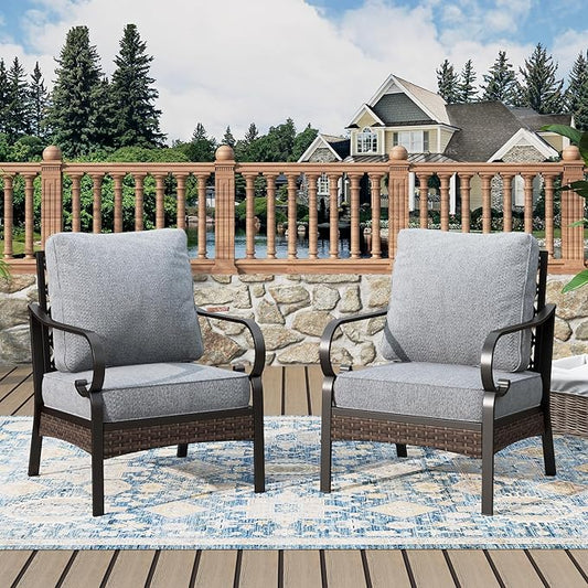 Outdoor Patio Leg Sofa Chairs Set of 2 Steel Frame Porch Furniture with Deep Seating and 5.75" Cushions for Lawn Backyard Deck, Grey