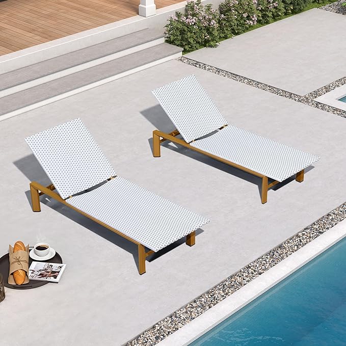 PURPLE LEAF Extra Wide Patio Chaise Lounge Set of 2 Outdoor Lounger French PE Rattan Lounge Chair with Reclining Adjustable Backrest for Pool Garden Beach and Backyard White and Grey