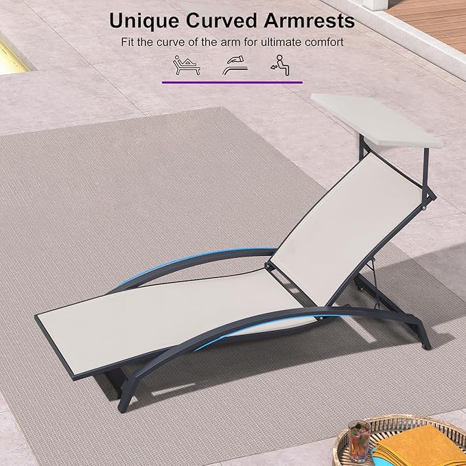 PURPLE LEAF Patio Lounge Chair with Canopy Shade Outdoor Chaise Lounge Chair Set of 2 for Lawn Poolside Backyard Sunbathing Tanning Chairs with Arm Beige