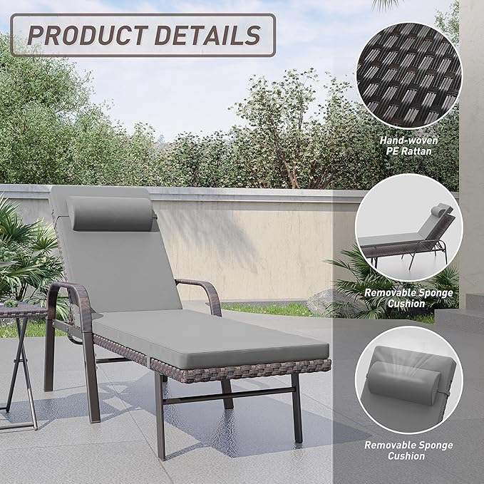 ALAULM 3 Pieces Outdoor Chaise Lounge Set Rattan Wicker Adjustable Pool Lounge Chair w/Folding Table - Photo 4