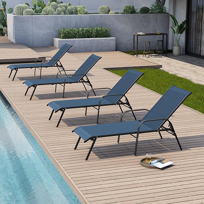 Crestlive Outdoor Chaise Lounge Chair,5-Position Pool Lounge Chairs with Armrests Sunbathing Recliner for Patio,Beach,Deck,Yard (4PC Navy)