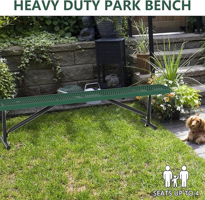 8 ft Outdoor Metal Park Bench, Backless Heavy-Duty Commercial Green Garden Bench with Expanded Steel Mesh Seat, Weatherproof Park Patio Dining Table Bench for Backyard Lawn School Porch Deck