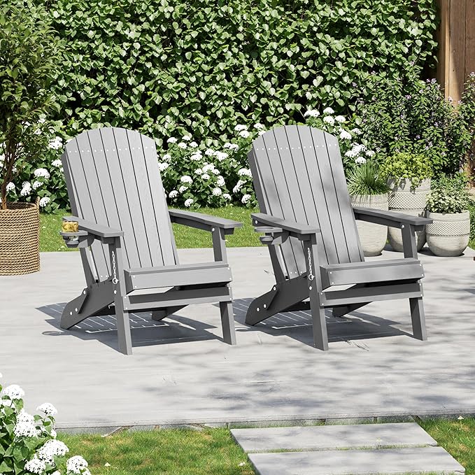HDPE Foldable Adirondack Outdoor Chair Set of 2 with Cup Holder, Weather Resistant Heavy-Duty Patio Chair for Patio, Backyard, Deck, Fire Pit, Lawn and Porch, Silver Grey
