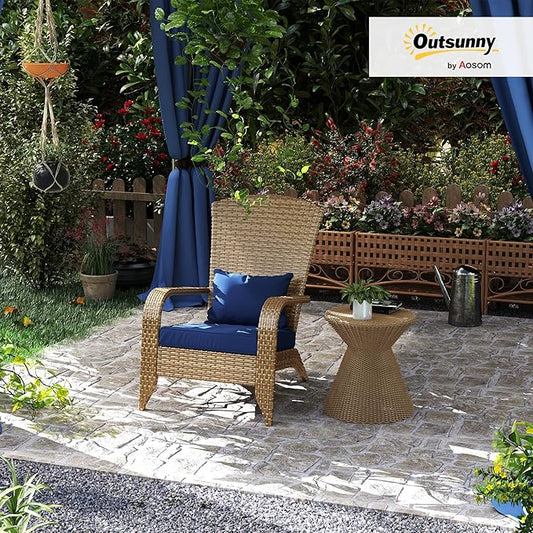 Outsunny Patio Wicker Adirondack Chair, Outdoor All-Weather Rattan Fire Pit Chair with Soft Cushions, Tall Curved Backrest and Comfortable Armrests for Deck or Garden, Dark Blue