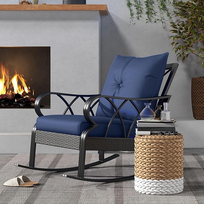 Outsunny Outdoor Wicker Rocking Chair with Padded Cushions, Aluminum Furniture Rattan Porch Rocker Chair w/Armrest for Garden, Patio, and Backyard, Navy Blue