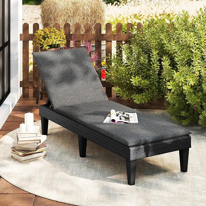 HAPPYGRILL Outdoor Chaise Lounge Chair Rattan Recliner Lounger with Removable Cushion & 3-Level Adjustable Backrest - Photo 2