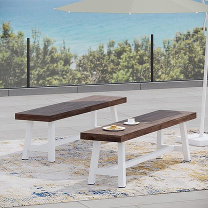 Outdoor Bench Set of 2 - Modern Industrial Acacia Wood Patio Benches, Weather-Resistant Powder-Coated Metal Frame & Slat Design, Backyard Garden Seating (63" W Each) (Brown White)
