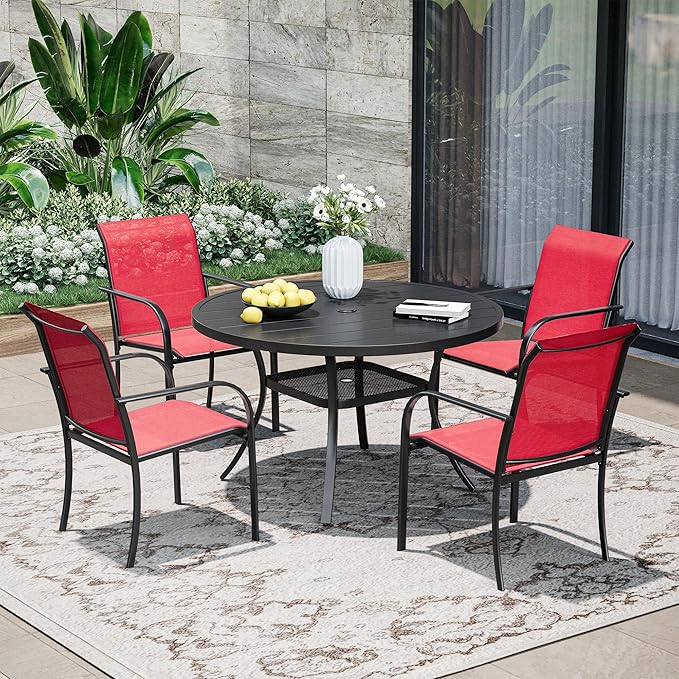 Patio Dining Table for 4, Round Metal Outdoor Table with Storage Shelf, 1.57" Umbrella Hole, 41" Outdoor Slat Tabletop Dining Table for Backyard, Porch, Lawn, Black