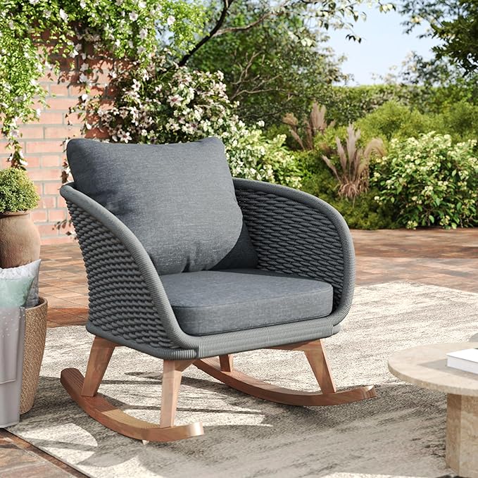Outdoor Wooden Rocking Chair, Patio Rocking Chair with Soft Cushions & Wood Leg - Photo 8