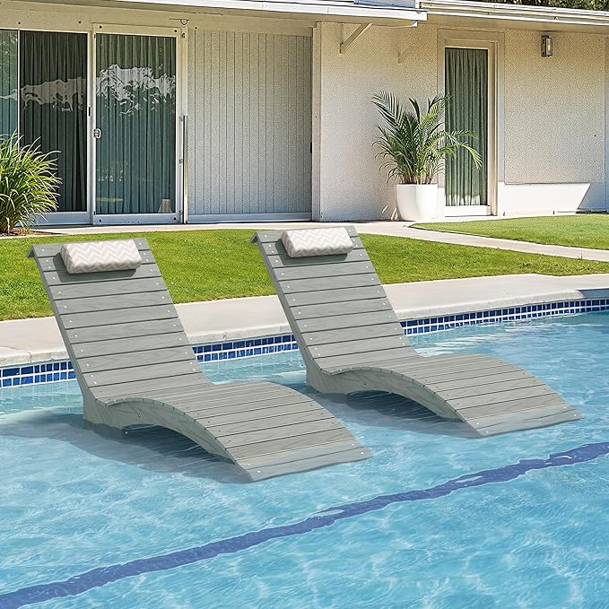 Pool Lounge Chairs Outdoor Set of 2，HDPS Long Pool Chairs for in Pools, Weighted All Weather Tanning Chair with Headrest，Chaise Lounge for Outside Beach Patio Sun Bathing Hotel, Gray