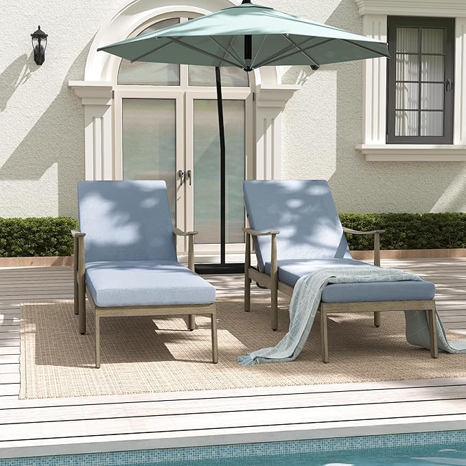 Outdoor Lounge Chairs with Armrest, 2 PCS Patio Aluminum Chaise Lounge Set Outdoor Adjustable Backrest with Rope Design, Patio Recliner Chairs Cushions for Lawn Pool Beach (Brown)