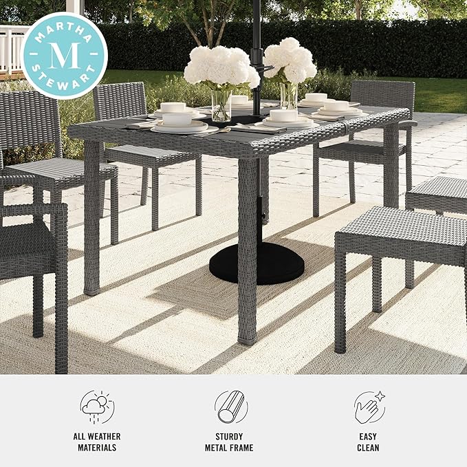 Martha Stewart Bedford 62" Indoor-Outdoor Patio Table with Faux Wood Top and Rattan Wicker Finish in Gray