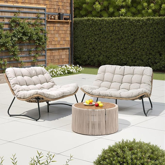 Crestlive Products Outdoor Loveseat 2PCS, Patio Conversation Set, All-Weather Boho Rattan Patio Furniture with Soft Cushion for Balcony, Poolside, Backyard (Without Table)