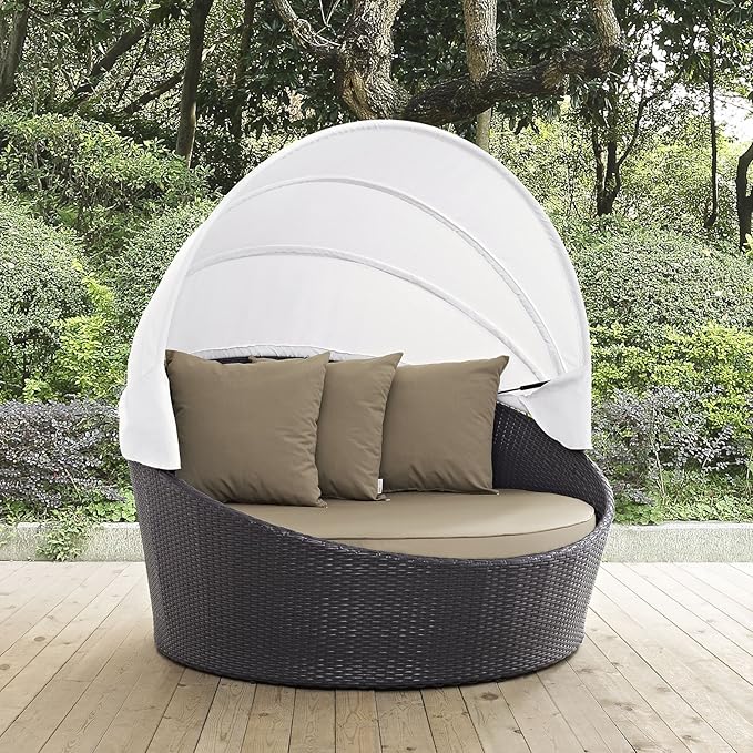 Modway Convene Wicker Rattan Outdoor Patio Retractable Canopy Round Poolside Sofa Daybed in Espresso Mocha - Photo 2